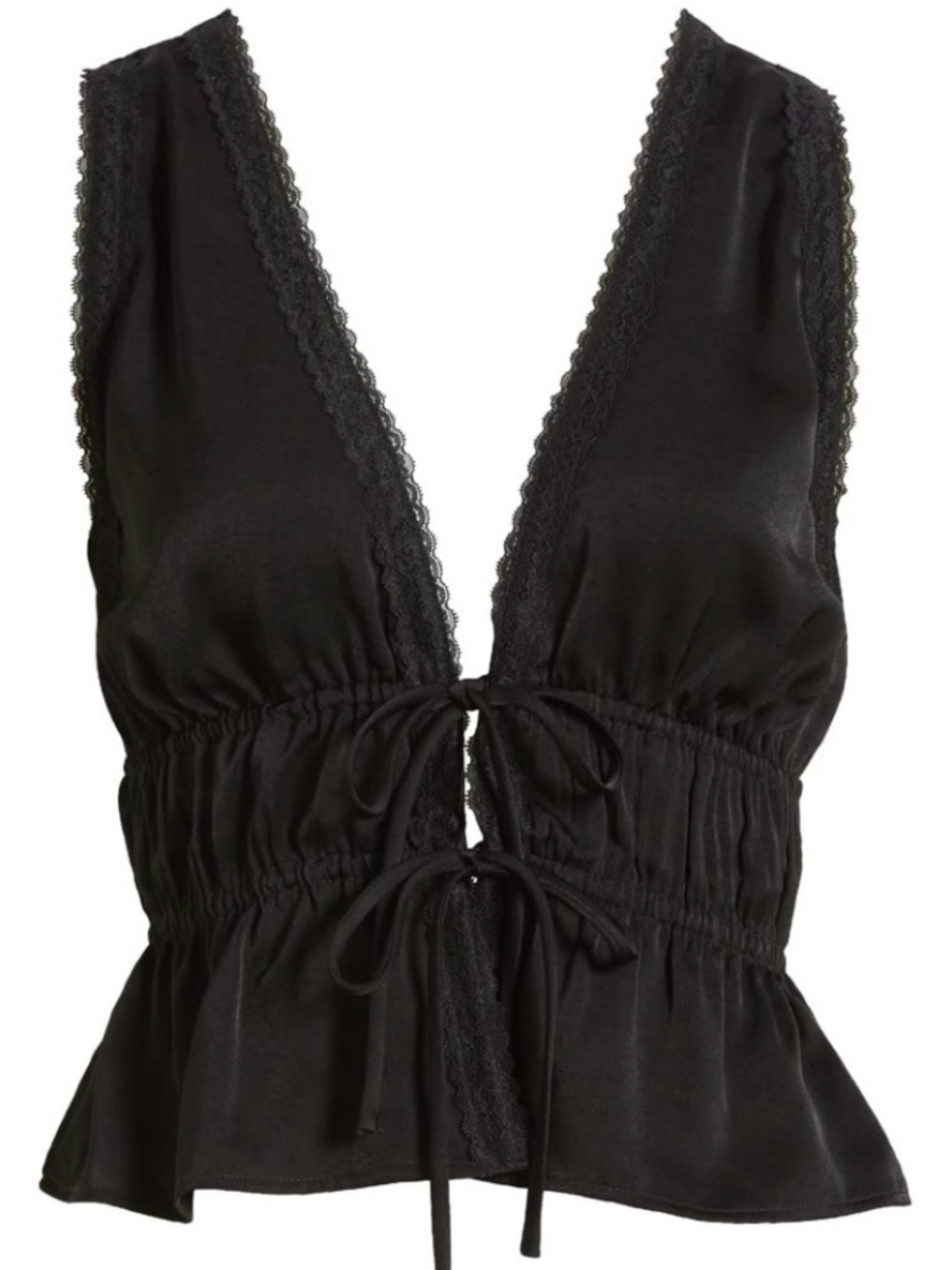 WAYF Black Lace-Trim Tie-Front Camisole Top